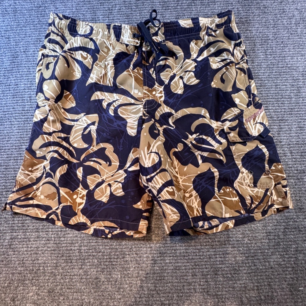 Speedo Mens Swim Trunks Size M Tropical‎ Floral Print Blue Tan Cargo Mesh Lining